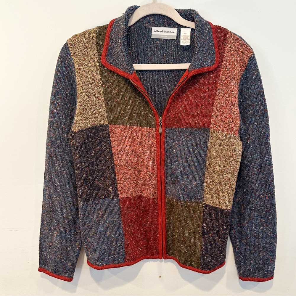 Alfred Dunner Multicolor Patchwork Zip-Up Sweater… - image 1